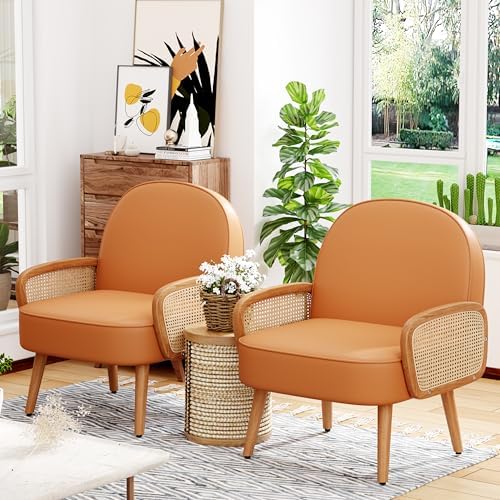 Aklaus Mid Century Modern Accent Chair Set of 2 Armchair with Rattan Arms Uph...