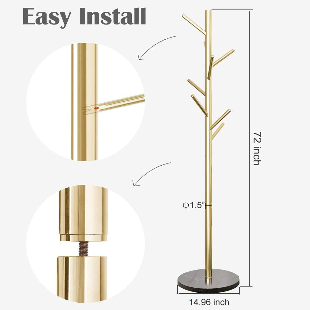 Jolitac Metal Coat Rack Stand Golden Satin Steel Finish Stable Marble Base, H...