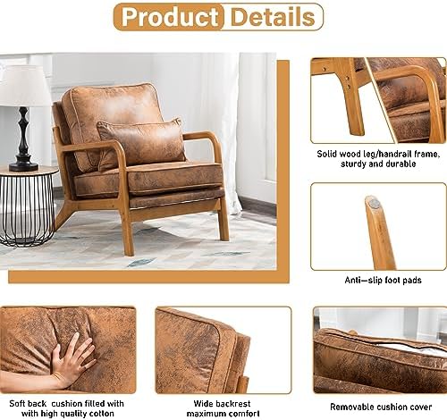 Accent Chair with Cushion, Mid-Century Modern Upholstered Single Reading Armc...