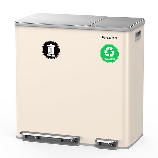Dual Trash and Recycling Bins for Kitchen, 13.2 + 5.2 Gal Stainless Steel Trash