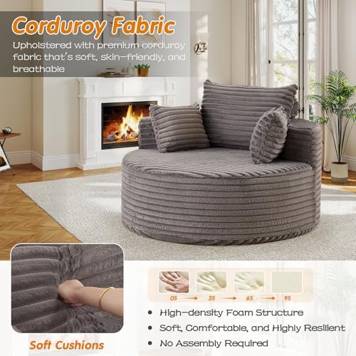 50"W Oversized Round Chaise Lounge Chair Indoor, Upholstered Corduroy De...