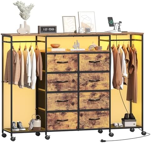 59.1" W Dresser for Bedroom with Hanging Rack, 8 Drawer Dresser with LED...