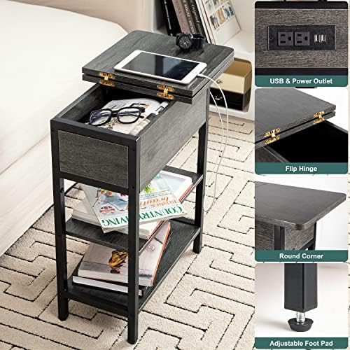 Yoobure End Table with Charging Station, Flip Top Side Table with USB Ports a...