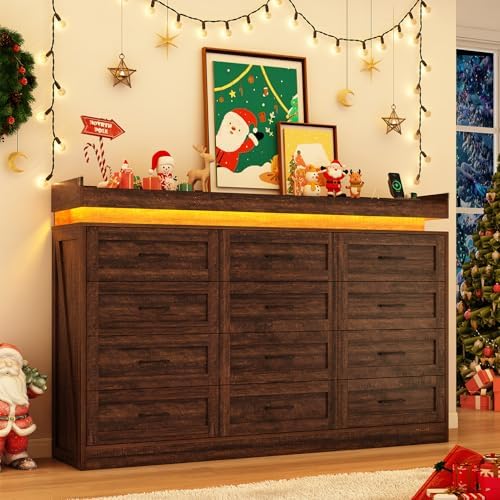 71" Wide 46" Tall Large Farmhouse 12 Drawers Dresser for Bedroom wi...