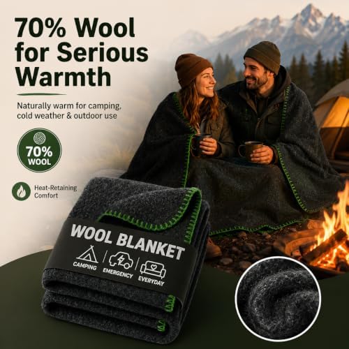 JMR Wool Camping Blanket, Fire Retardant Military Throw, Grey (62x84)