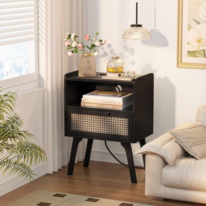 Lerliuo Rattan Nightstand with Charging Station, Black Bedside Table with Dra...