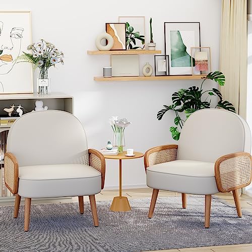 Aklaus Mid Century Modern Accent Chairs Set of 2 Upholstered Rattan Faux Leat...