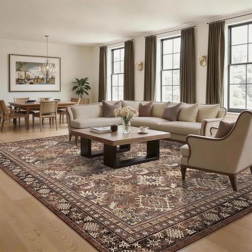 Vintage Living Room Rugs 9x12: Brown Soft Washable Carpet High Traffic Area