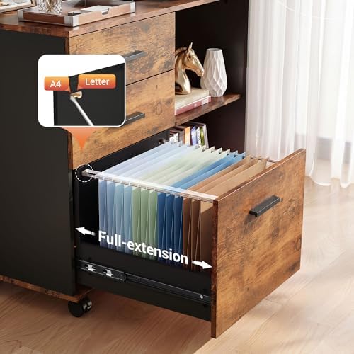 DEVAISE 3 Drawer Wood File Cabinet, Rolling Filing Cabinet with Open Storage ...