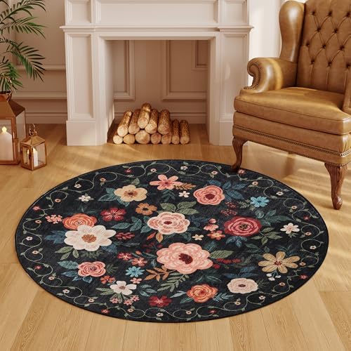 DUKINO 4ft Round Rug, Floral Washable Small Round Area Rug Non Slip, Black