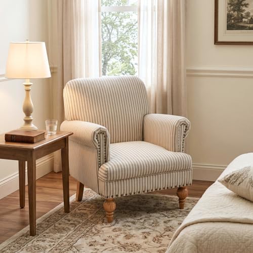 Khaki Striped Linen Fabric Accent Chairs Set of 2, Modern Farmhouse Upholster...