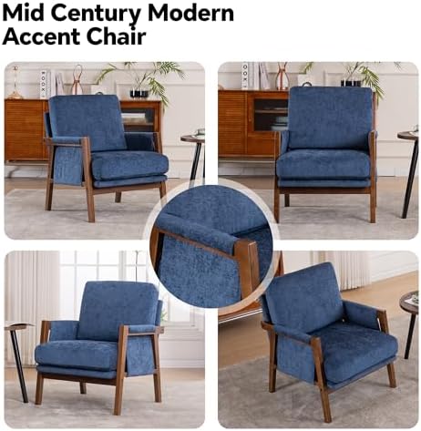 Mid Century Modern Accent Chair with Wood Frame, Upholstered Living Room Chai...