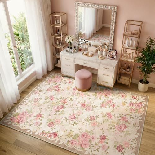 Lahome Floral Washable Rugs 5x7,Pink Vintage Rugs for Bedroom Girls