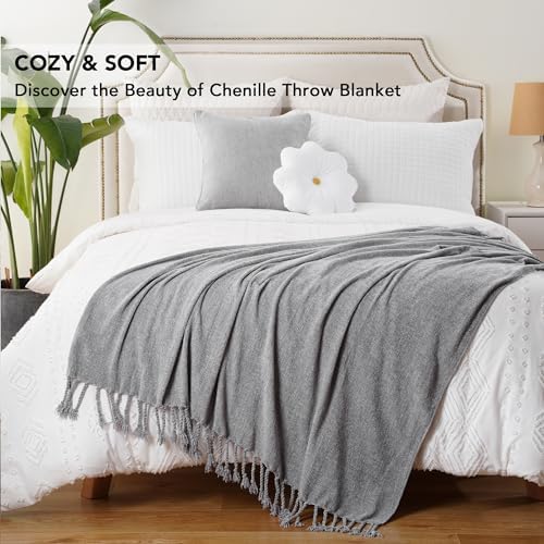BATTILO HOME Light Gray Chenille Throw Blanket for Couch, Soft Cozy Textured ...