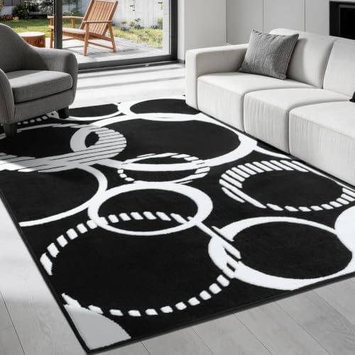 Plush Black and White Rug Non Slip, Washable 5x7 Area Rugs for Living Room