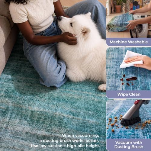 8x10 Teal and Sage Green Abstract Area Rug Living Room Boho Ombre Washable