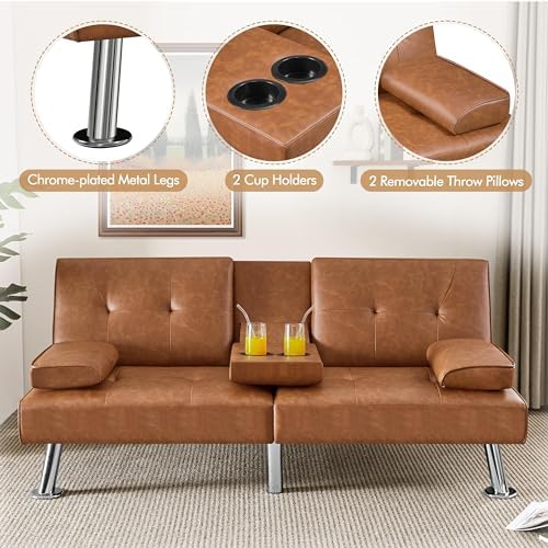 Yaheetech Convertible Futon Sofa Bed Loveseat with Cup Holder, Brown