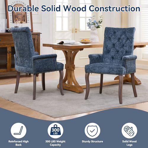 Farmhouse Upholstered Dining Chair Set of 2 with Arms & Nailhead Trim, Tu...