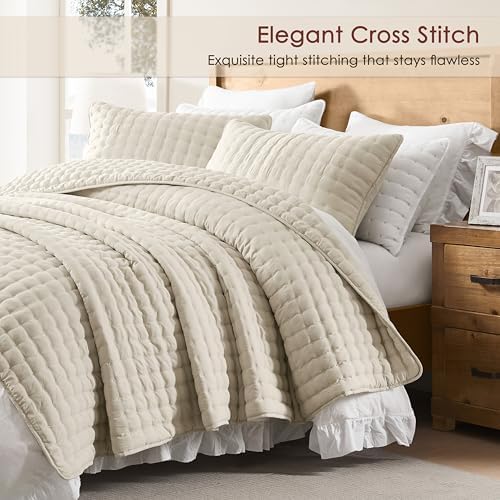WDCOZY Cloud Soft Quilt Set, King Size, Light Beige, 3 Pieces 104x90 inches
