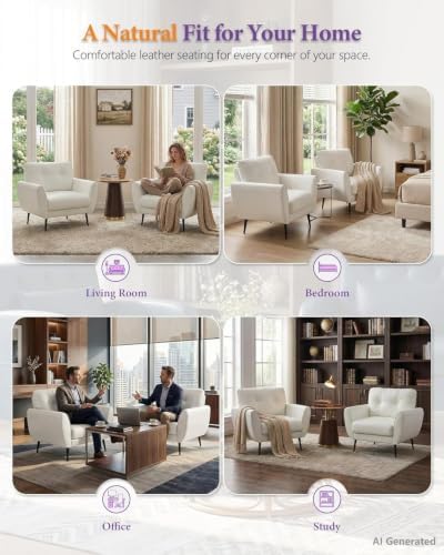 White Faux Leather Accent Chairs Set of 2, Tufted Armchairs for Living Room