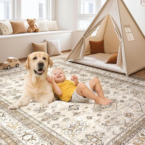 cotiled 5x7 Area Rug for Living Room, Washable, Traditional, Beige