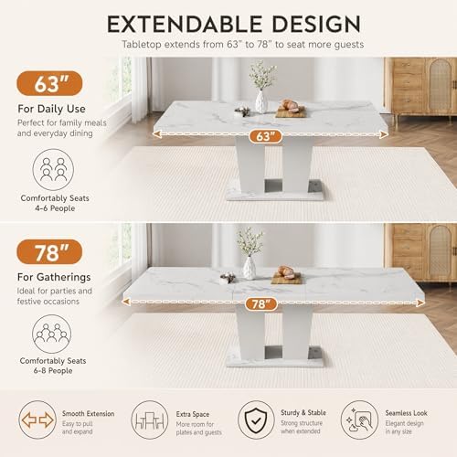 HomVent White Faux Marble Expandable Dining Table Set for 6 | 63"-79&quo...