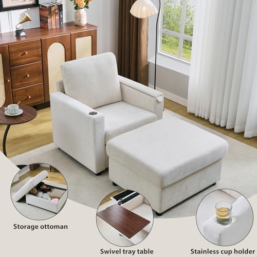 Rading Chairs with Storage Ottoman and Folding Tray Table, Beige