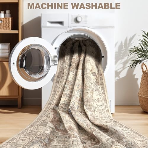 Washable Area Rug-9X12 Vintage Neutral Soft Beige Brown