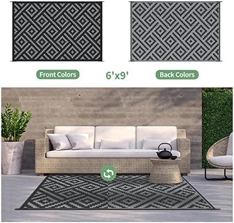 GENIMO Outdoor Rug, Waterproof Plastic Rugs for Patio, 6'x9' Black Grey