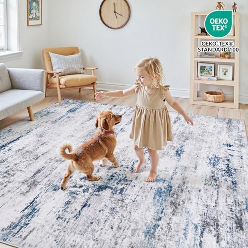 8x10 Area Rugs for Living Room Large Washable Abstract Rug White Gray Blue