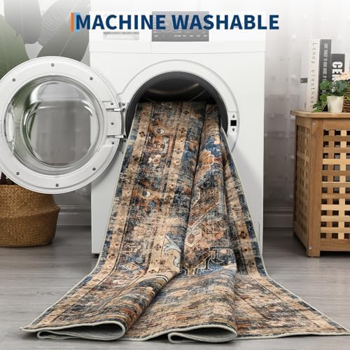 GarveeHome 9x12 Area Rug for Living Room Washable Vintage Rug Blue&Brown