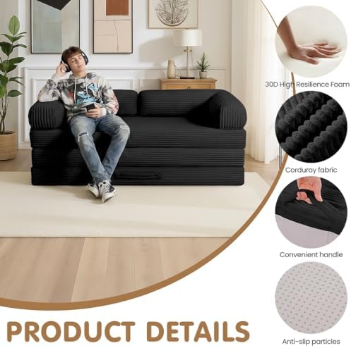 Convertible Sofa Bed Queen,5-in-1 Tri-Fold Boneless Couch with Removable Armr...