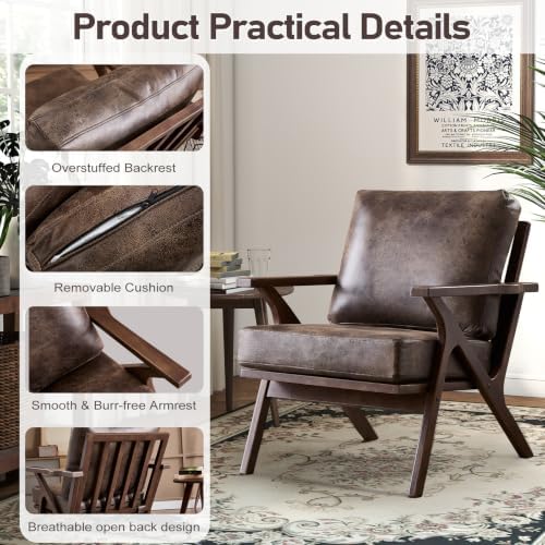 ANJ Faux Leather Accent Chair with Overstuffed Cushion, Mid-Century Modern Ar...