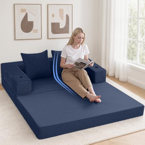COMAX Boneless Futon Sofa Bed, 59" Small Low-Profile Floor Couch, Navy