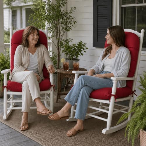 Rocking Chair Cushions Set of 2, Outdoor Thick Adirondack Chair Cushions, High Back Seat Pads for Porch Patio Chairs, Water & Fade Resistant Replacement Patio Furniture Cushion with Ties, Red