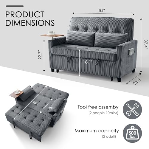 55'' Sleeper Sofa Bed, Convertible Pull Out Couch(Darkgrey)