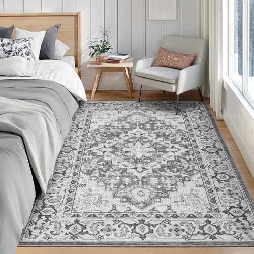 Lofus 5x7 Area Rugs for Living Room Bedroom, Soft Boho Carpet Floral Grey