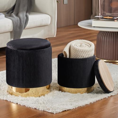 Round Ottoman with Storage Set of 2 Black Velvet Vanity Stool