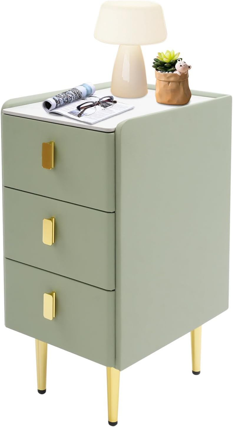 Narrow Nightstand with Drawers, Narrow Side Table Leather, Three-Layer Drawer...