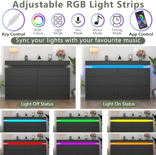Gyfimoie 6 Drawer Dresser with Power Outlet, Dresser with LED Light