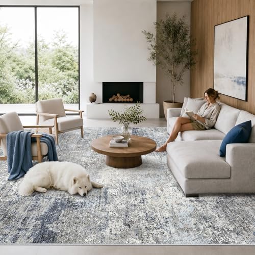 12x15 Extra Large Area Rug for Living Room Washable Abstract Rug, Blue Grey