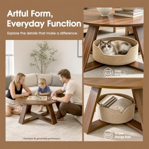 HAIOOU Round Coffee Table for Living Room with Open Storage -Walnut Wood