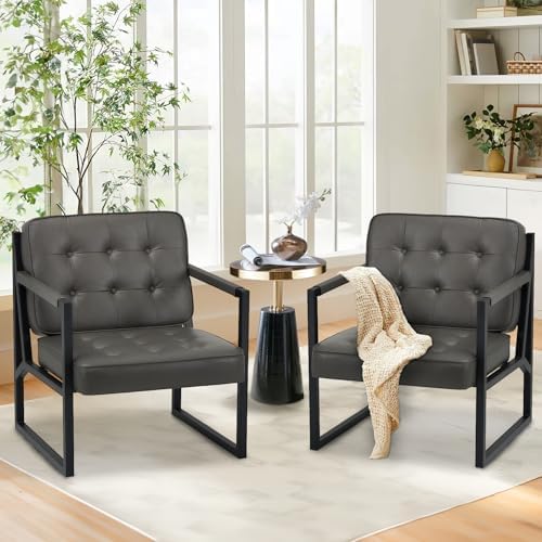 COLAMY Mid Century Modern Accent Chair Set of 2, Leather Armchair, Grey