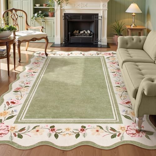 Lahome Green Scalloped Living Room Rug 8x10