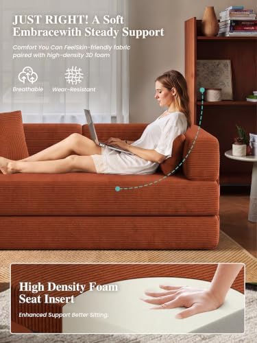79.5" 5-in-1 Convertible Futon Sofa Bed, Boneless Corduroy, Orange