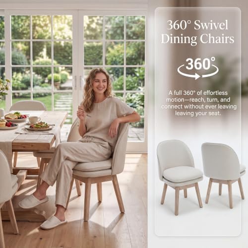 ROCITY Swivel Dining Chairs Set of 2, Cream Linen Kitchen Chairs with Solid W...