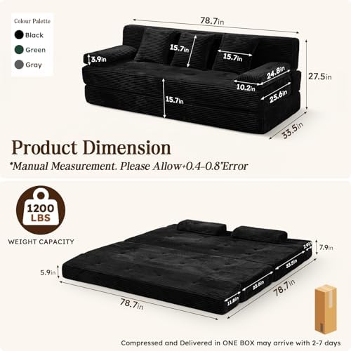 78.7IN Convertible Folding Sofa Bed, 3 Seater Sleeper Sofa Couch