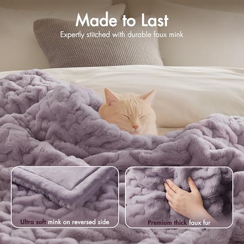 Madison Park Ruched Faux Fur Luxury Throw Lavender 50*60 Premium Soft Cozy Br...