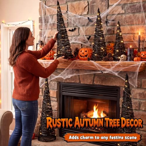 Jenaai 3 Lighted Halloween Rattan Trees 24" 16" 12", Cone Tree...