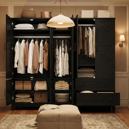 IDEALHOUSE Armoire Wardrobe Closet with 4 Doors, 72" Tall Wooden Clothin...